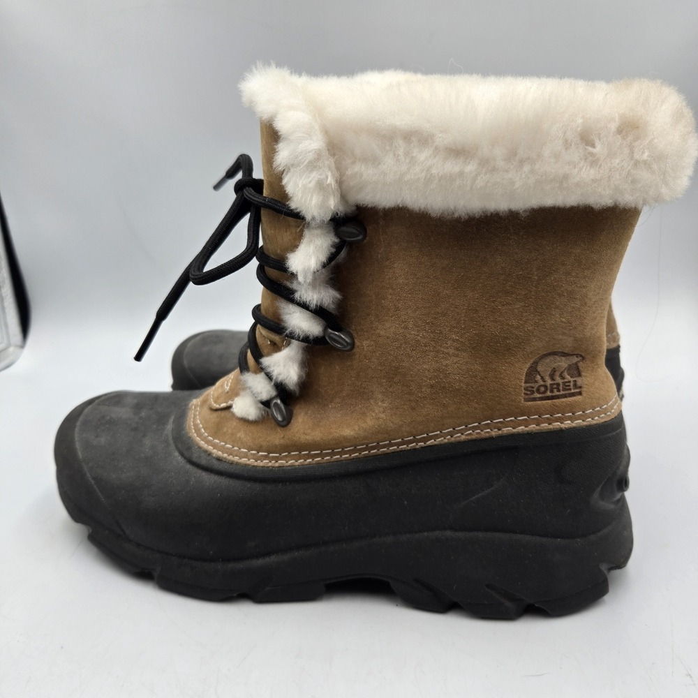 SOREL‎ Snow Angel Lace Up Boot Tan Suede Black Womens 7.5 NL1810-234 Faux Fur